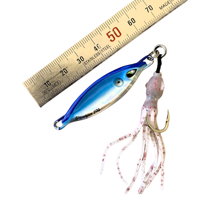 very small blue and silver lure with squid skirt