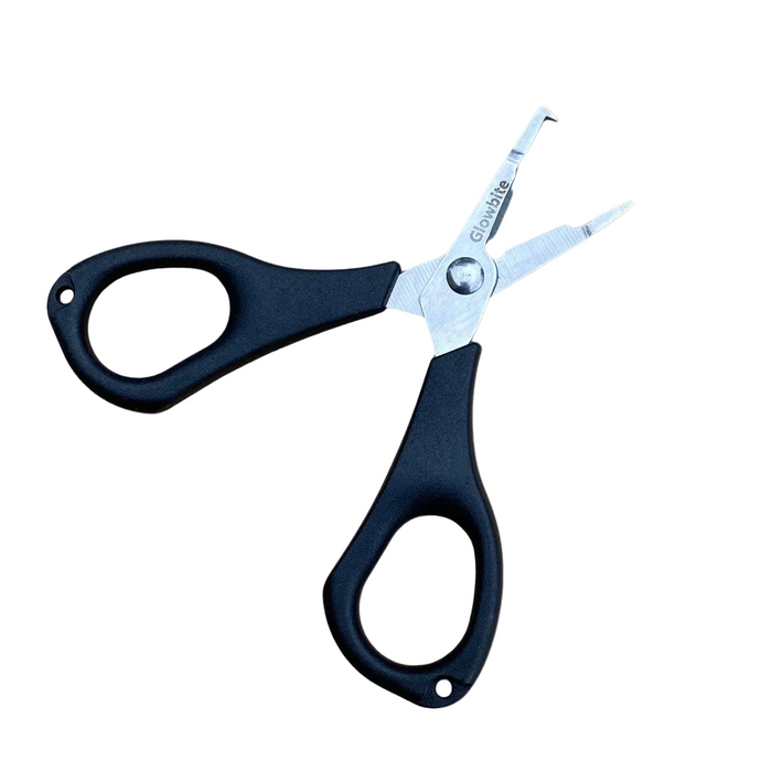 A pair of braid scissors with serrated blades and an integrated split ring opener, designed for fishing.