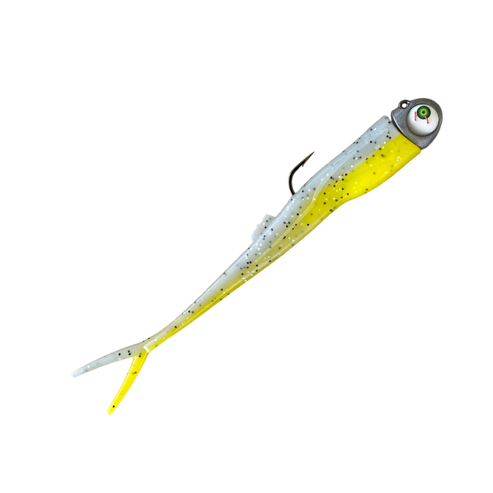 Soft plastic lure with flashing jig head. Grey and yellow tail on white background