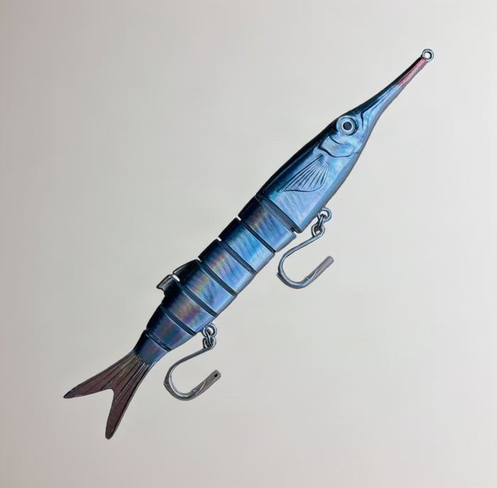 A metallic blue and silver Piper-shaped fishing lure with two hooks, isolated on a white background. Also known as a garfish