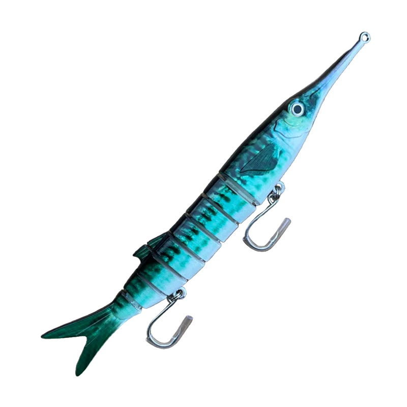 A hard body lure shaped like a Piper or Garfish with two hooks and articulated tail