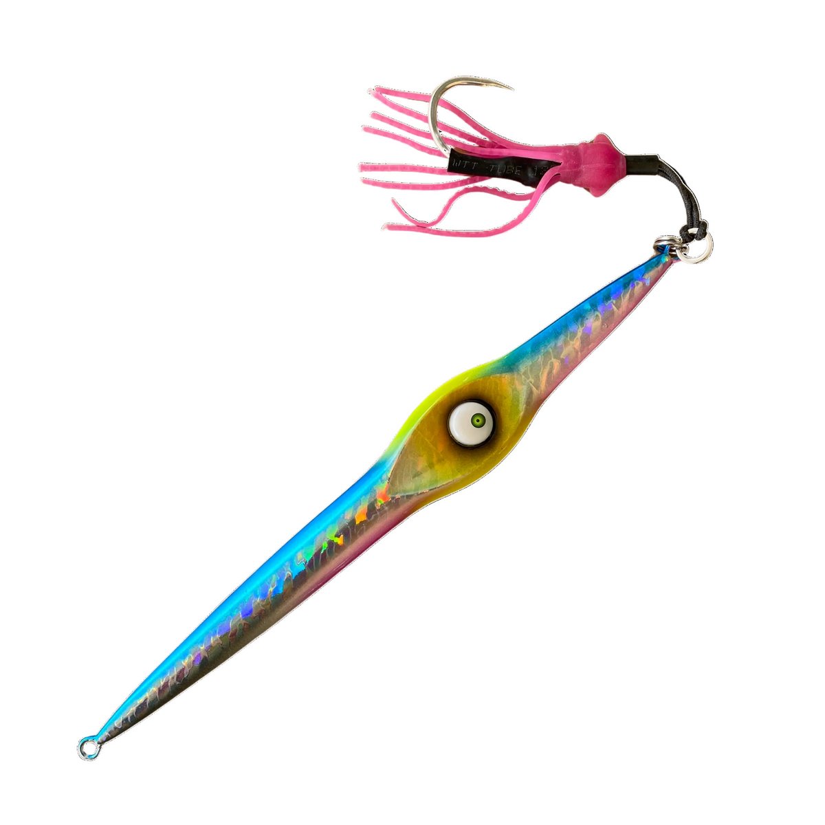 Colorful fishing lure with pink skirt on a white background