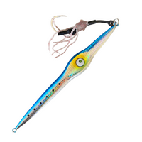 Blue flashing Fishing lure with a squid attachment on a white background