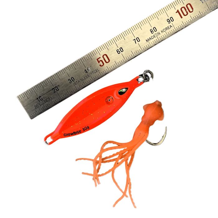 very small orange lure with squid skirt