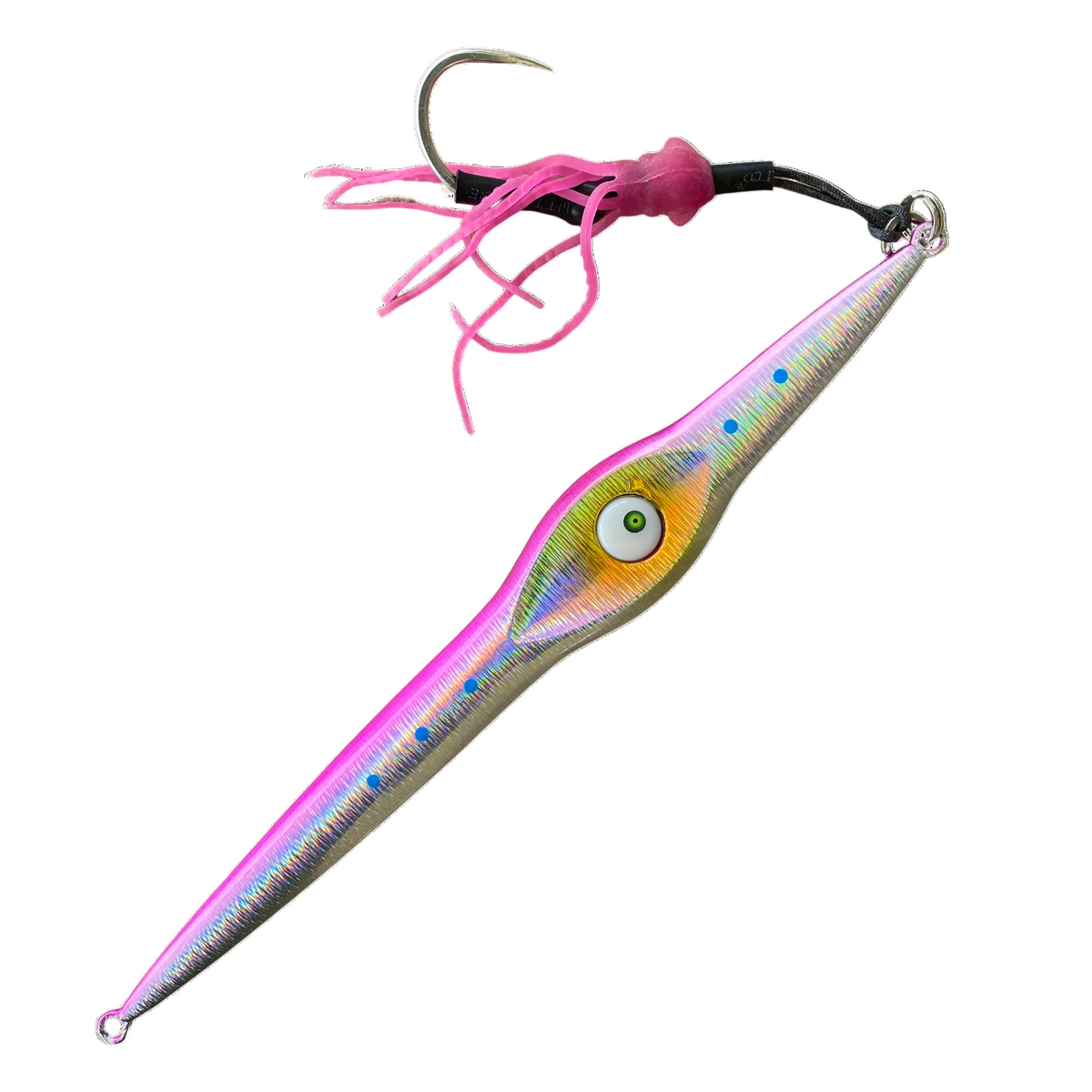 Pink fishing lure with flashing light and  a hook on a white background
