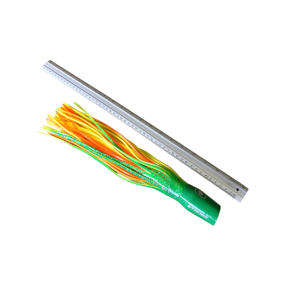 Strobe flashing game lure with ruler to give scale