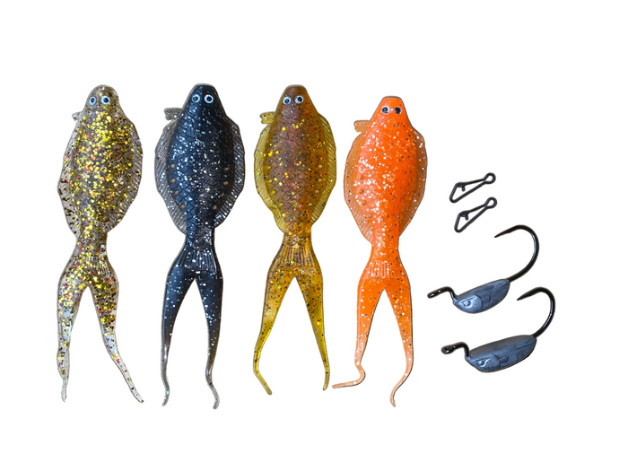 Four colour options for Dragster Flounder lures by Glowbite